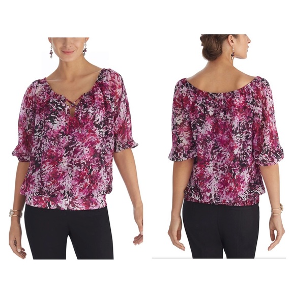 WHBM Smocked Dolman 3/4 Sleeve Blouse Red Black Sz XS - Picture 1 of 8